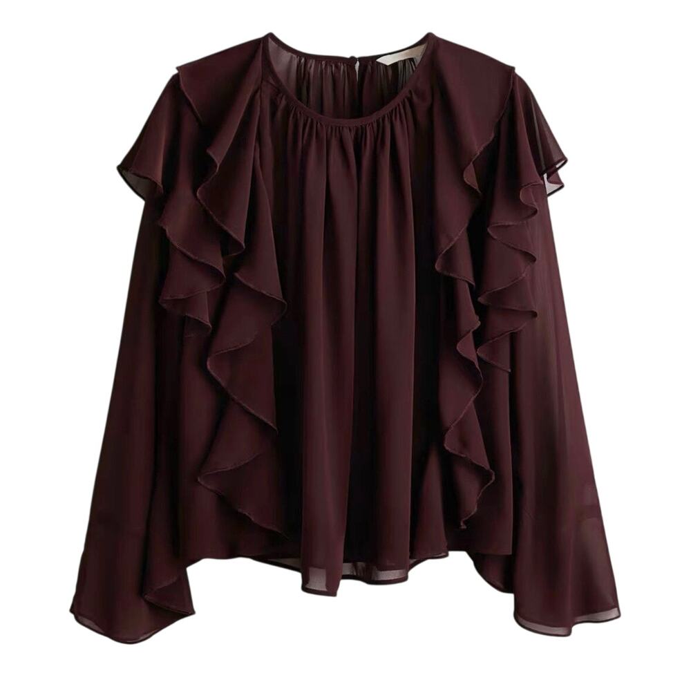 NWT H&M Brown Chiffon Ruffle Blouse XS Boho Romantic Coquette Bell Sleeve Top